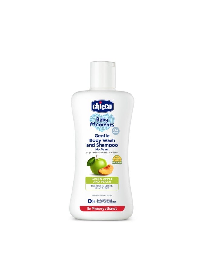 Chicco Baby Moments Gentle Bodywash & Shampoo with Green Apple & Peach, 200ml | Head-to-Toe | No Tears Formula | Hydrated Skin & Hair | Dermatologically Tested | Parabens & Phenoxyethanol Free - Image 1